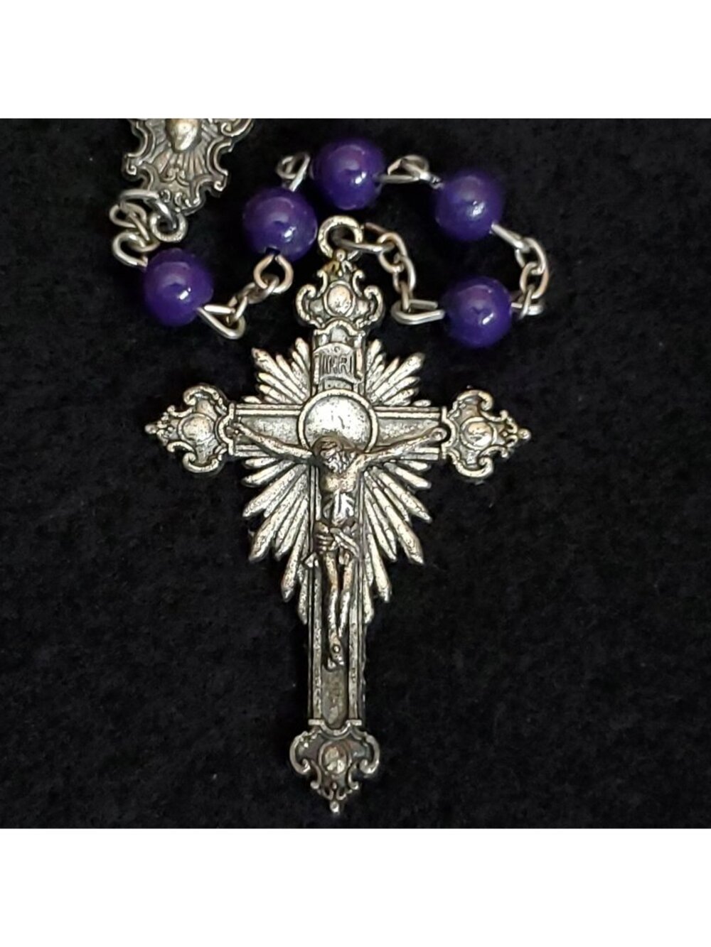 Fatima Rosary Necklace Silver Tone Purple Glass Italy 1917 2017 28"